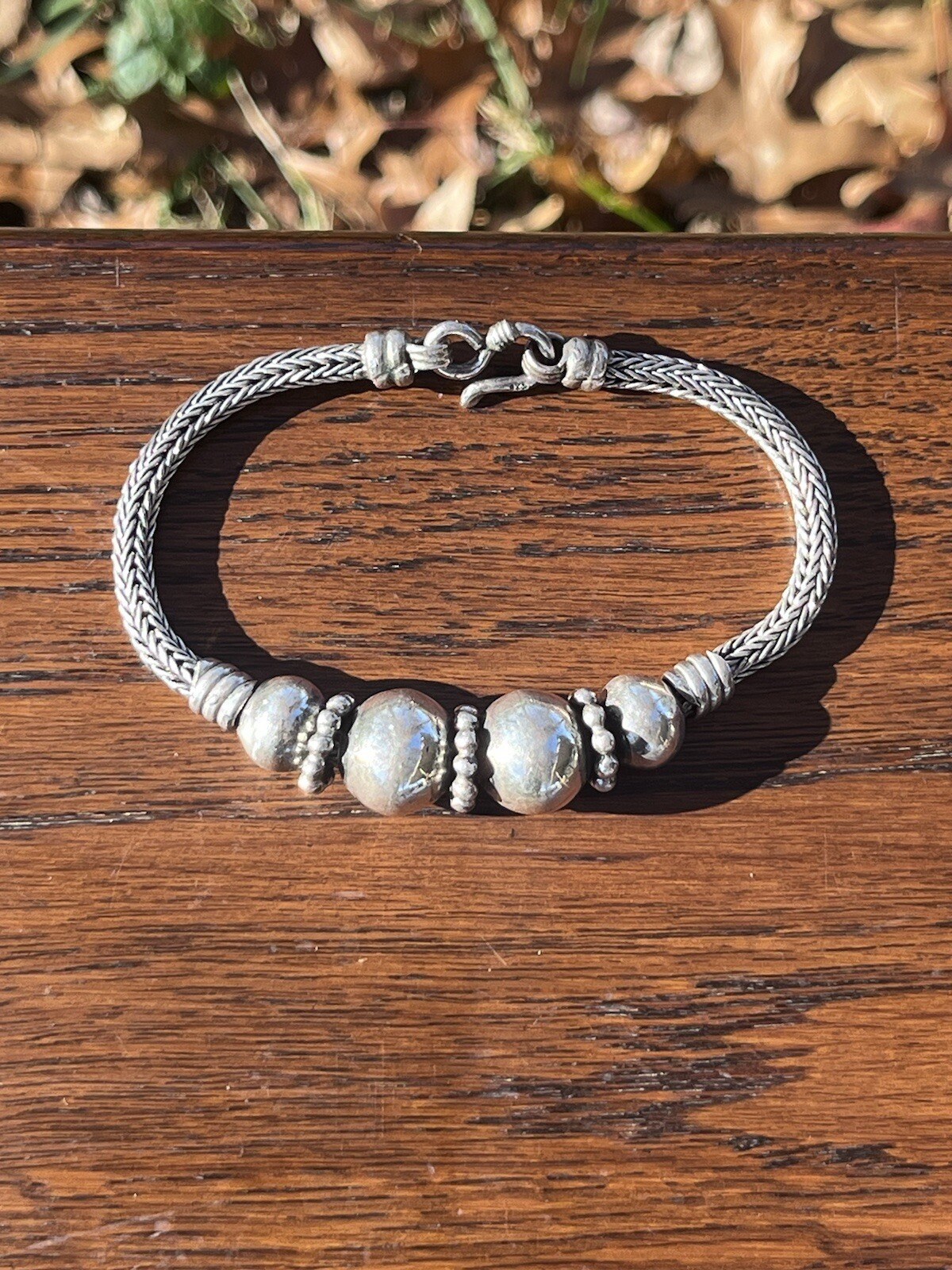 Vintage Sterling Silver Wheat Link Beaded Bracelet