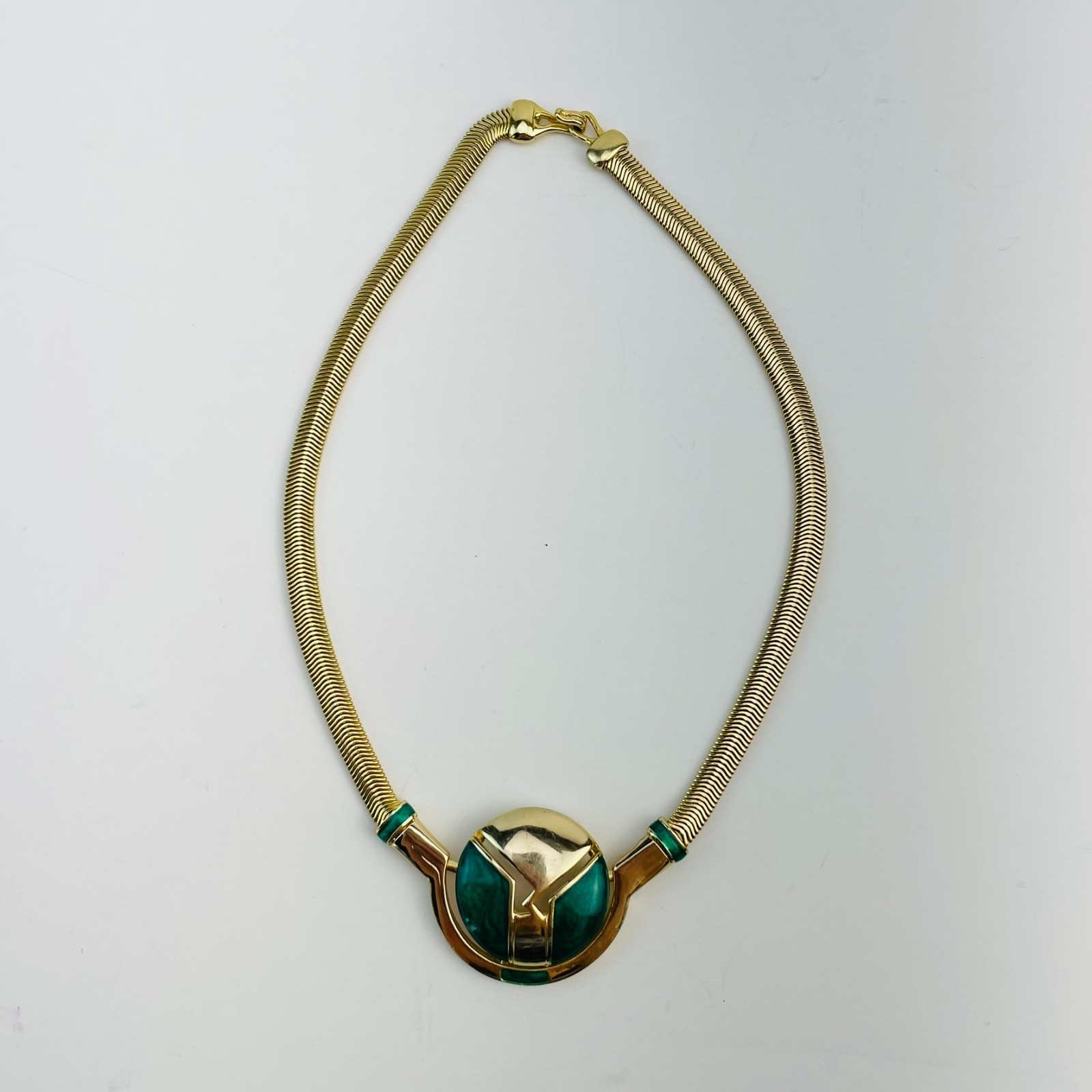 Vintage Orena Paris Choker Necklace Gold Tone Green Enamel Modernist Collar