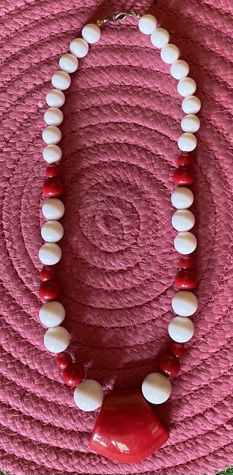 Vintage 1980’s Art Deco Style Necklace Red And White 22 Inches