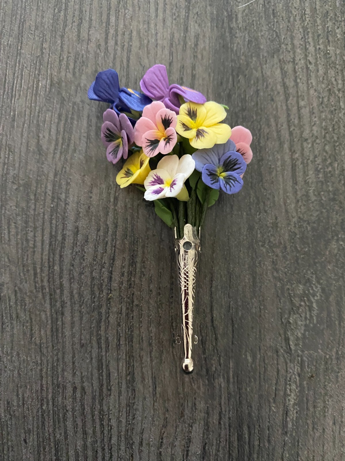 Vintage Celluloid/Hard Plastic Pansy & Iris Bouquet in Vase Flower Brooch Pin
