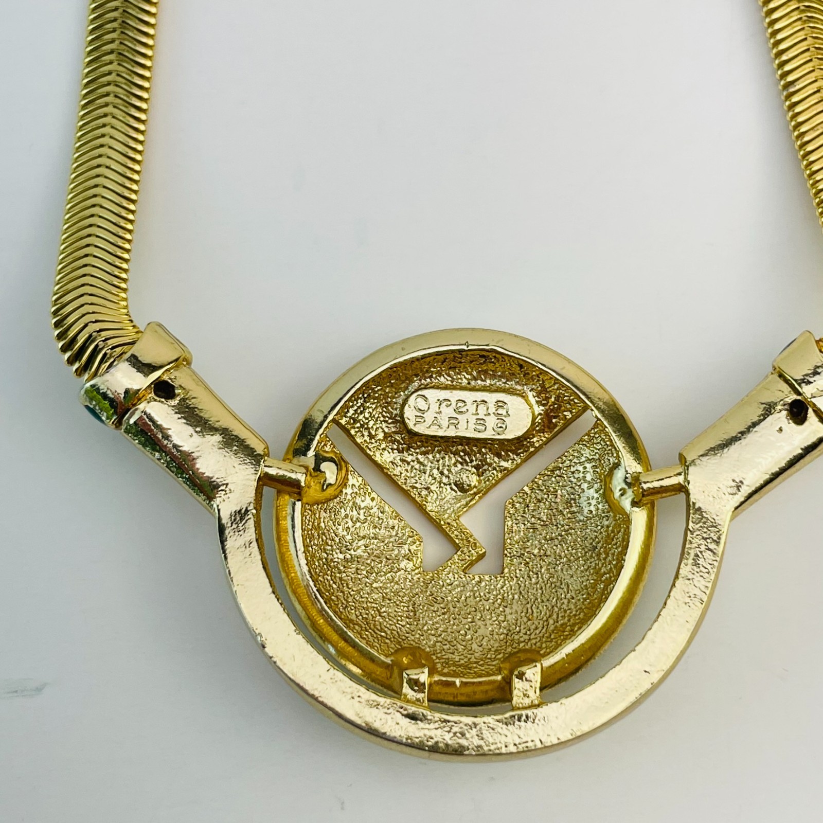 Vintage Orena Paris Choker Necklace Gold Tone Green Enamel Modernist Collar