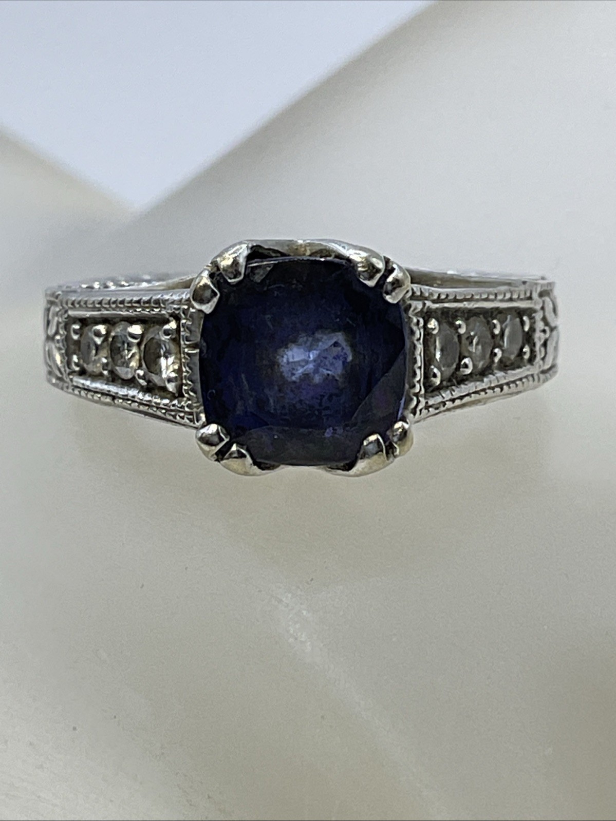 Ladies Ring Solid 14K White Gold Cushion Blue Stone & Diamonds VINTAGE HANDMADE