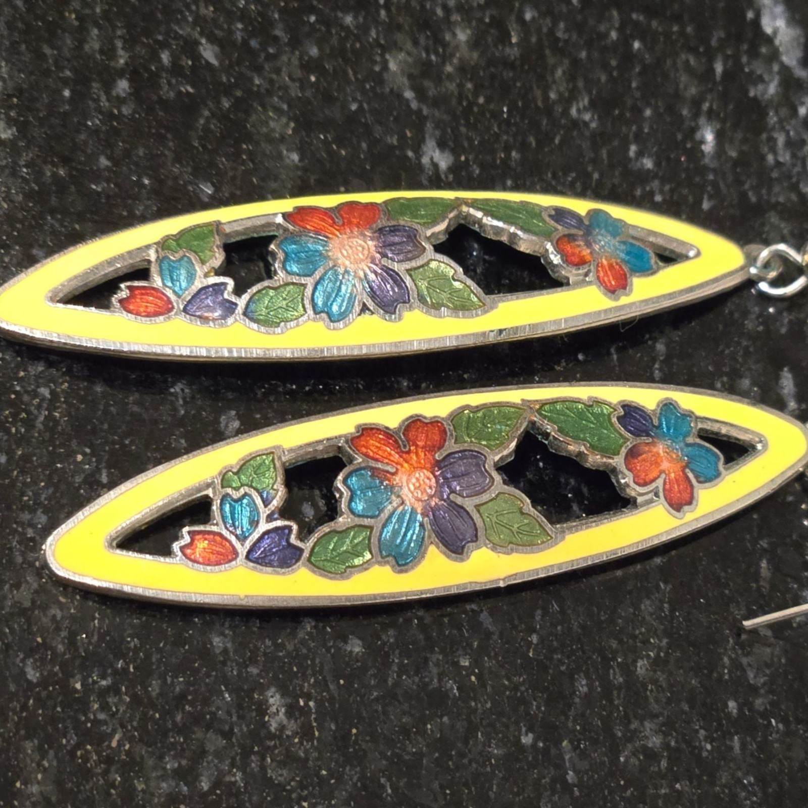 Vintage yellow Cloisonne Enamel Flowers Dangle Hook Earrings rainbow floral boho