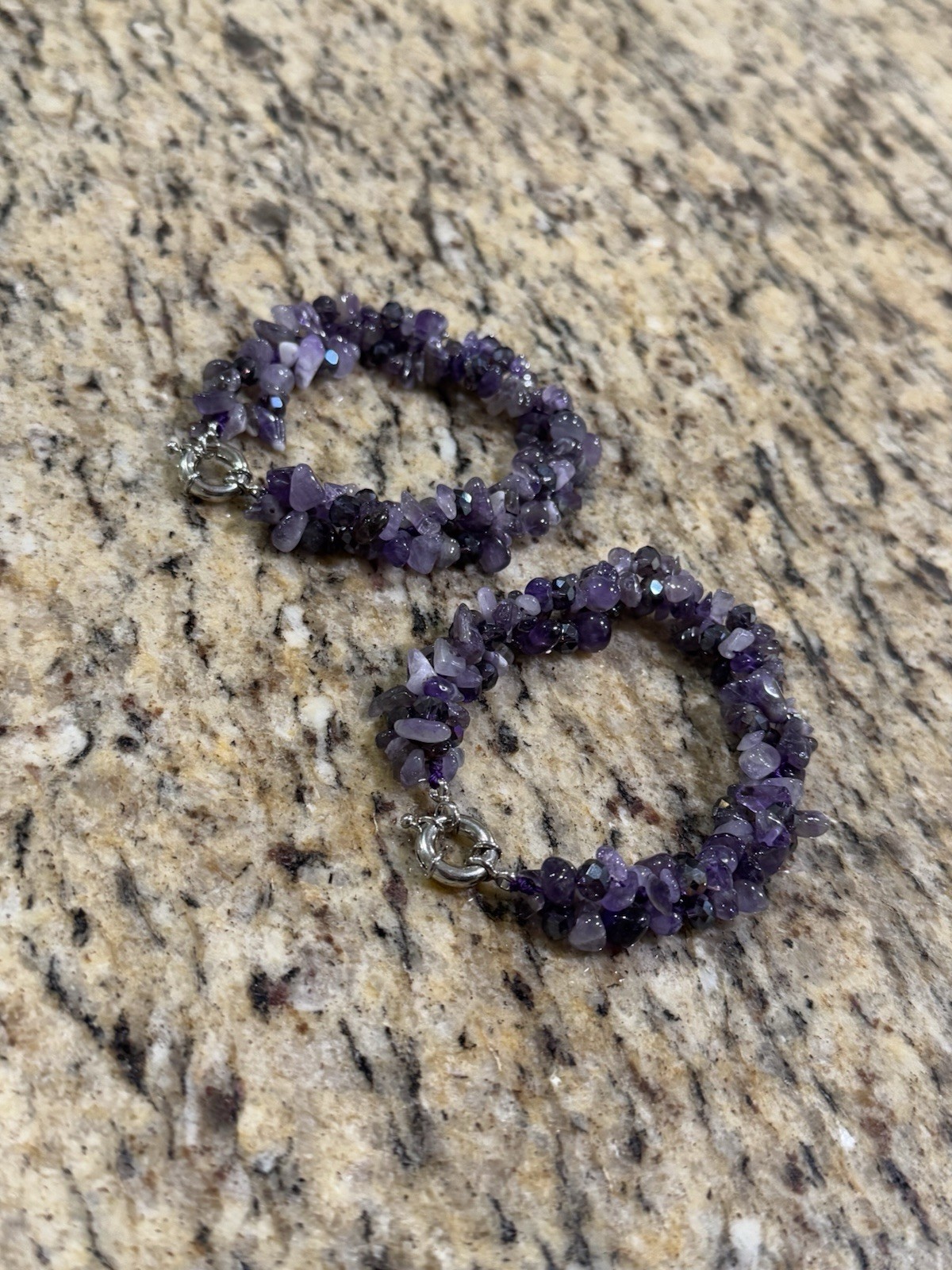 Lot of 2 Vintage Amethyst Chip Bead Bracelets Multi Strand Twisted Torsade Clasp