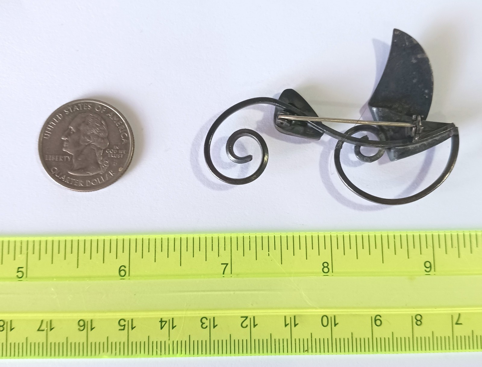 Vintage Dark Metal Swirls Brooch w/ Triangular Dark Green Stone (Jade? Agate?)