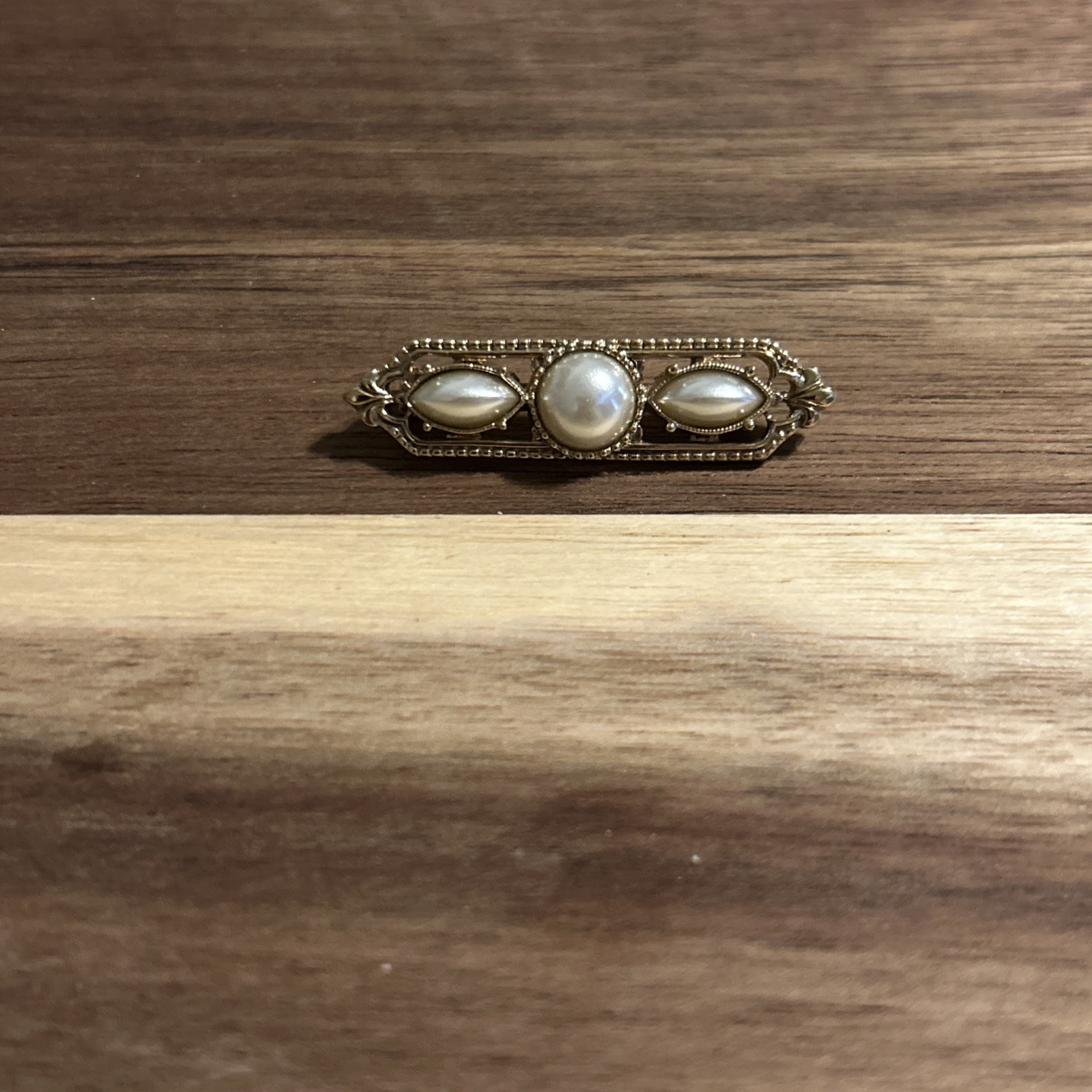 Vintage Faux Pearl and Gold Tone Pin Brooch About 1 3/4 Inches Long