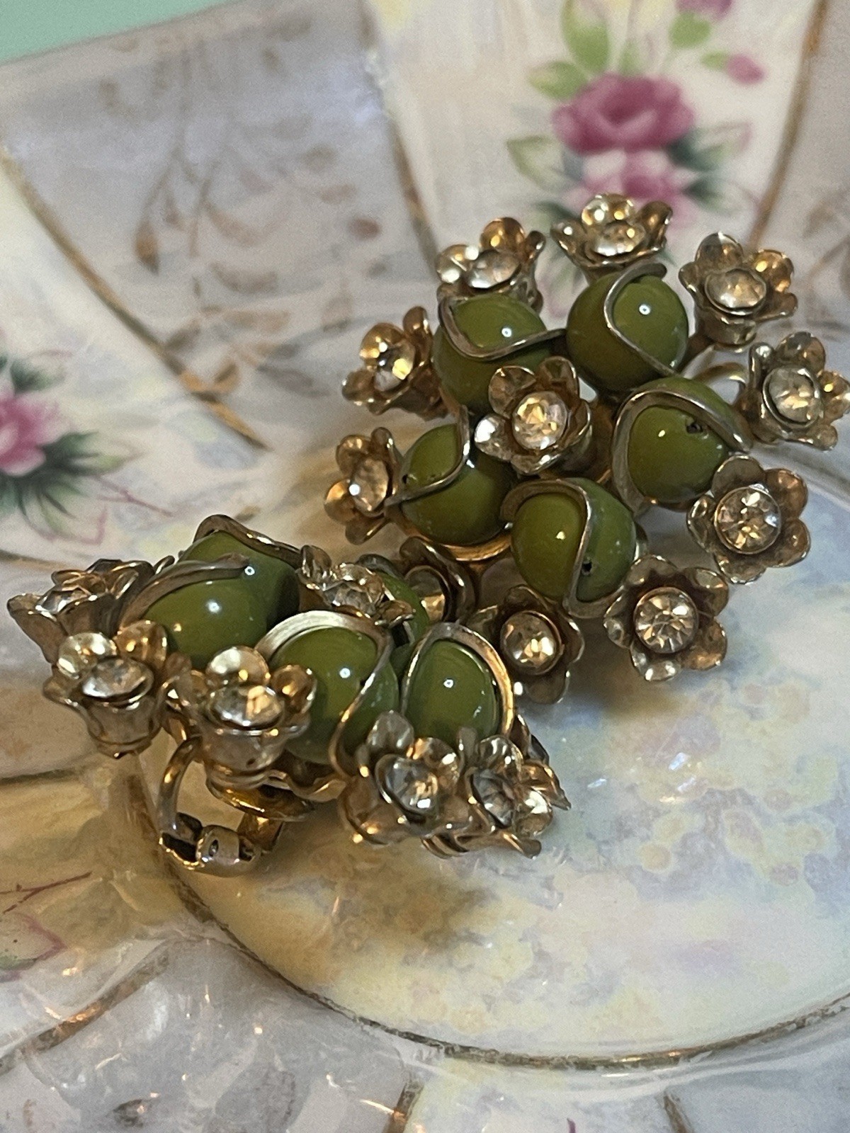 Vintage Olive Green Rhinestone Floral Motif Beaded Cluster Clip On Earrings