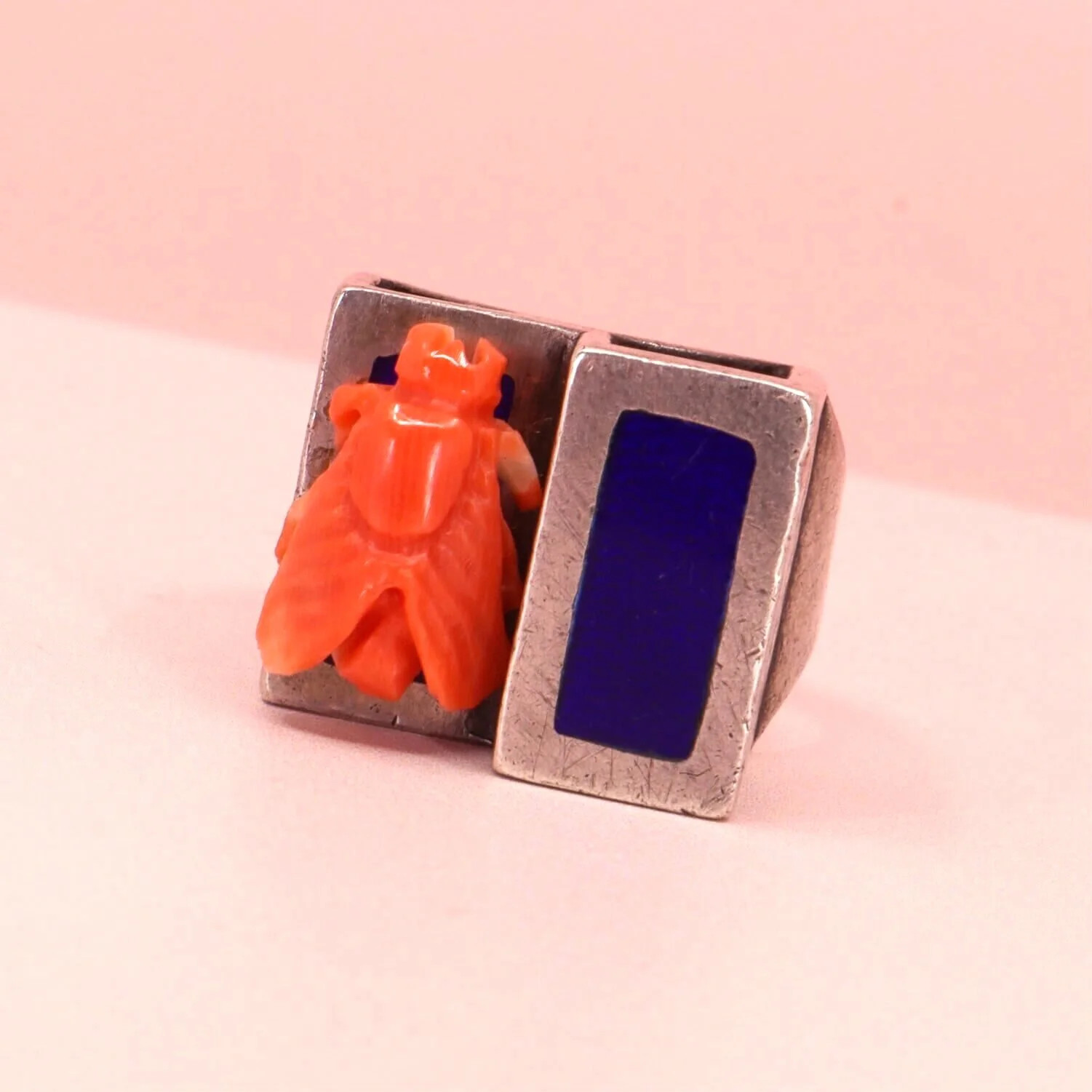 By Danilova, Japanese Satsuma Momo Coral 1.3cm Cameo, Silver Enamel Ring, Size L