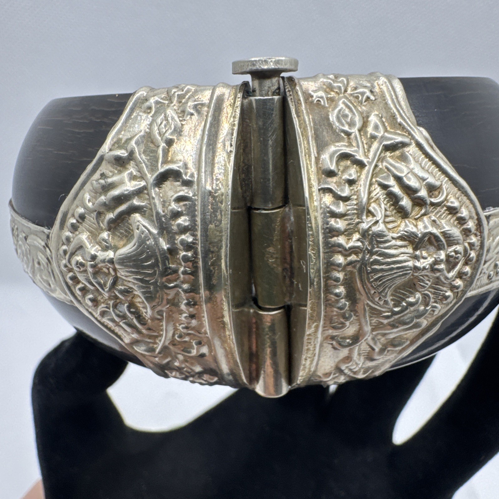 VTG Bone Black Bangle Bracelet with Silver Tone Findings and Trumpet Pin Closure