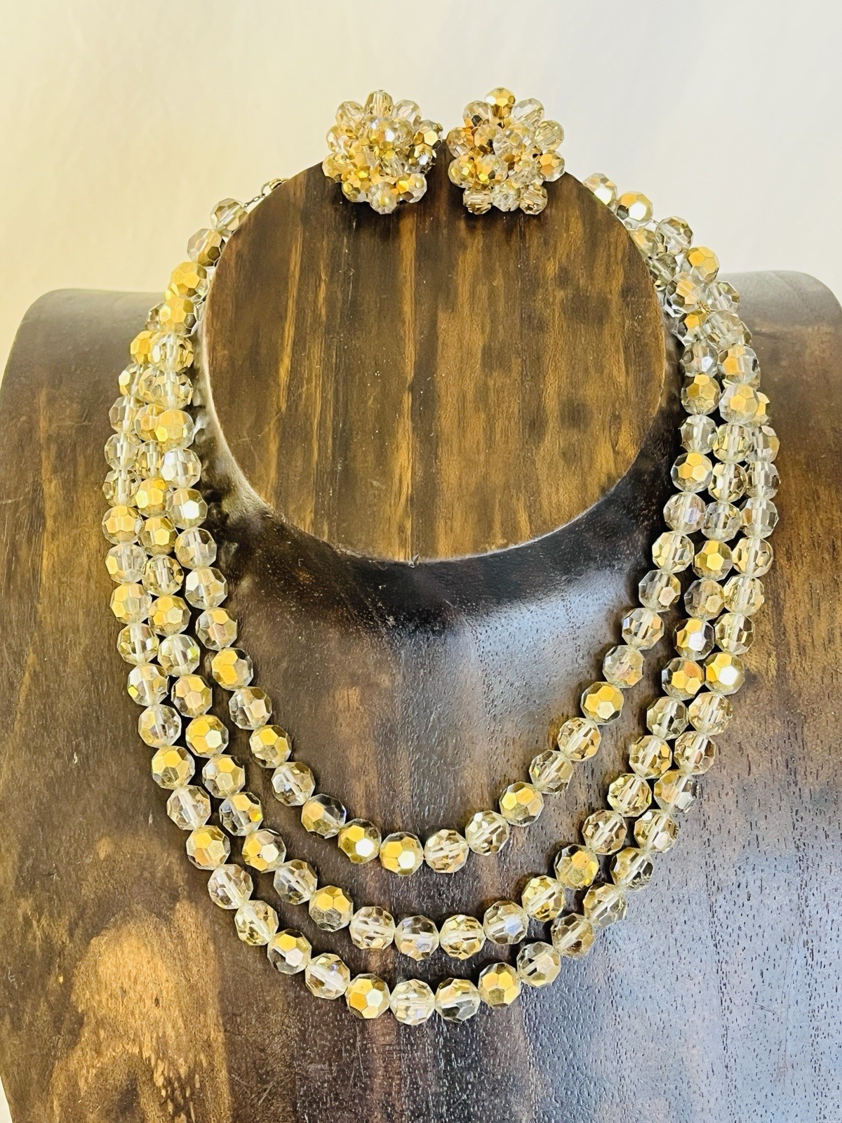 Silver Gold AB Beaded Necklace and Clip On Earrings Set Three Strand Necklace