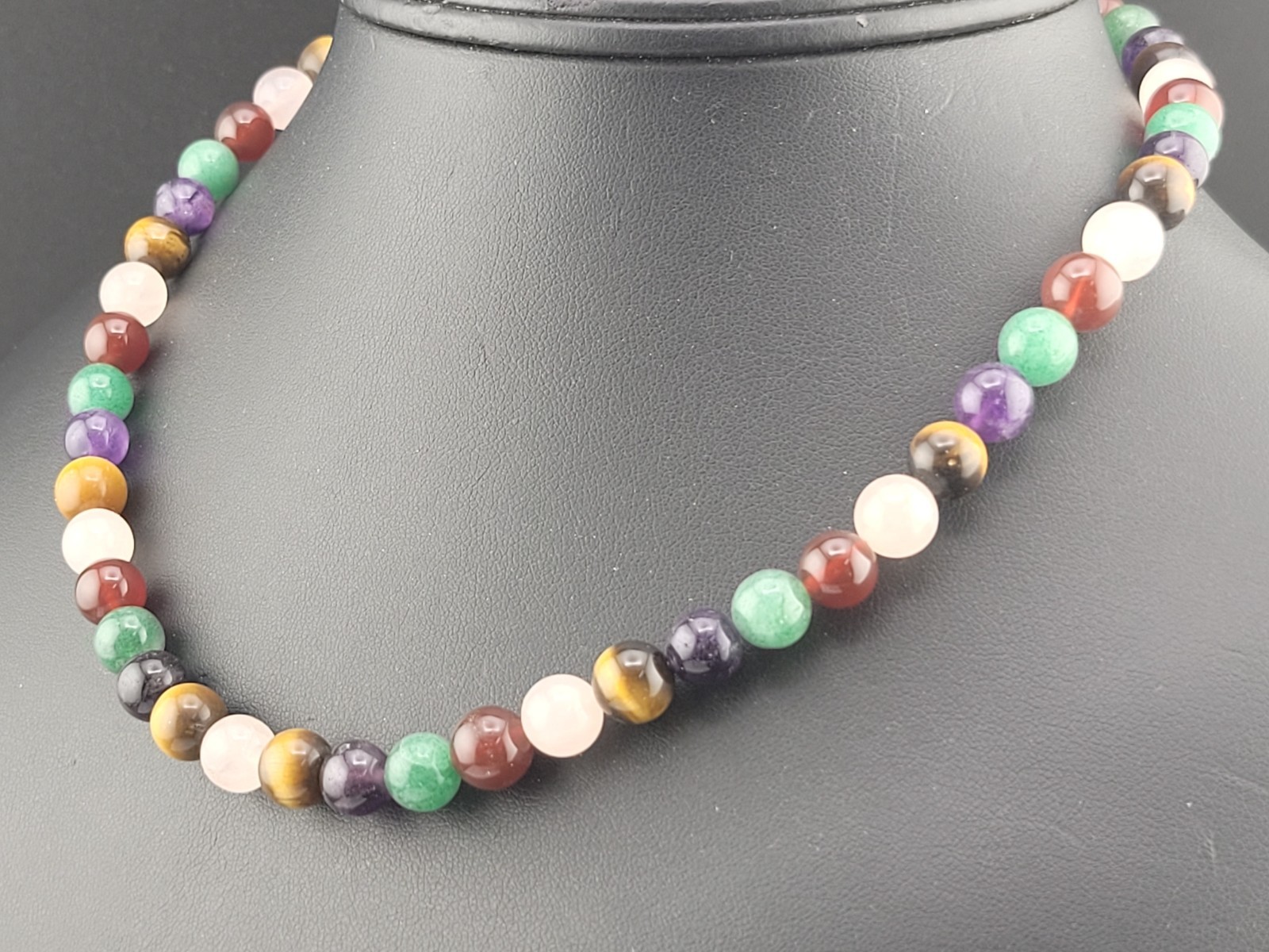 Multi Color Rose Quartz Tiger Eye Jade Amethyst Stone Beads 17″ Necklace