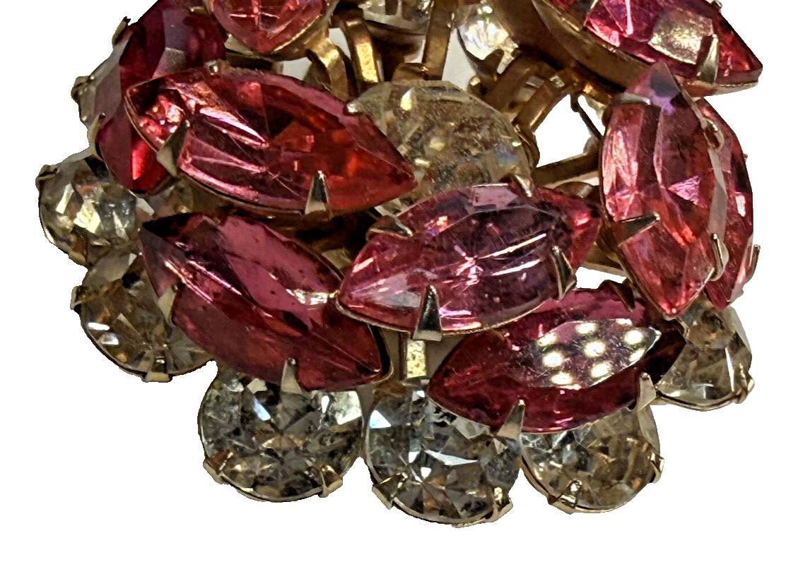 Vintage Pink Navette Rhinestone Domed Brooch Mid Century Gold Tone