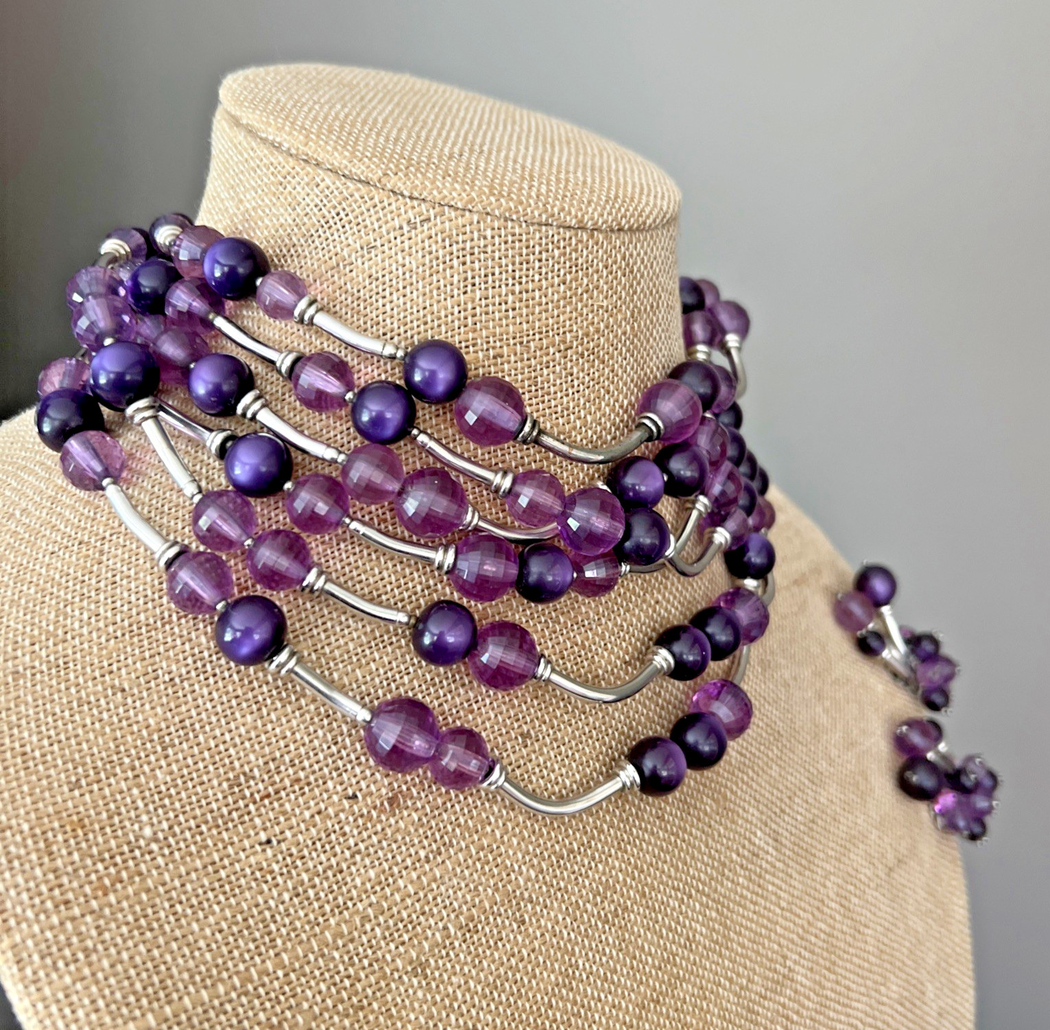 Vintage SIGNED DEMARIO AMETHYST & SILVER BEAD NECKLACE & EARRING SET / 6 STRAND