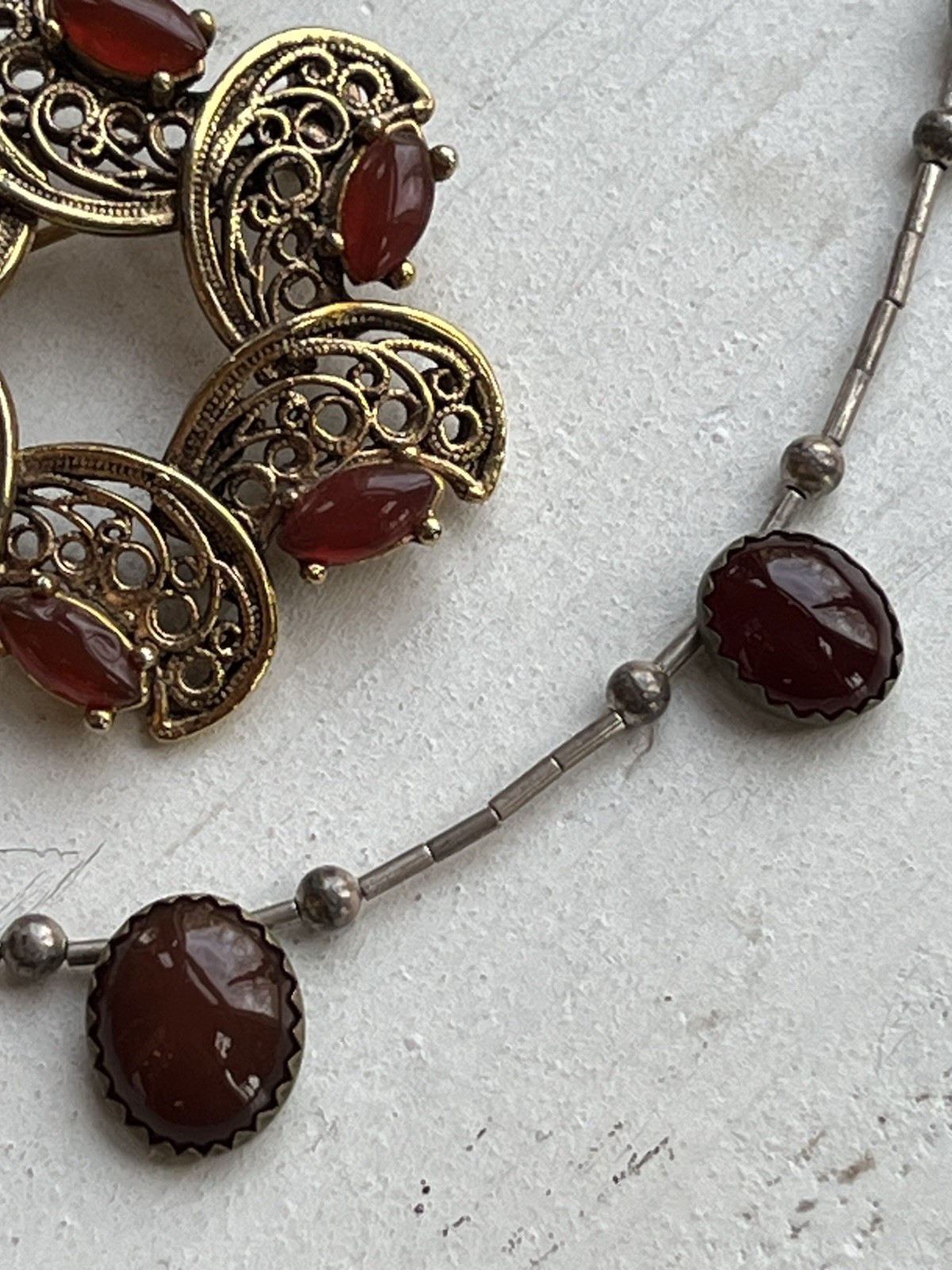 Vintage Carnelian Cabochon ART Clip On Earrings TACOA Brooch And Necklace Set