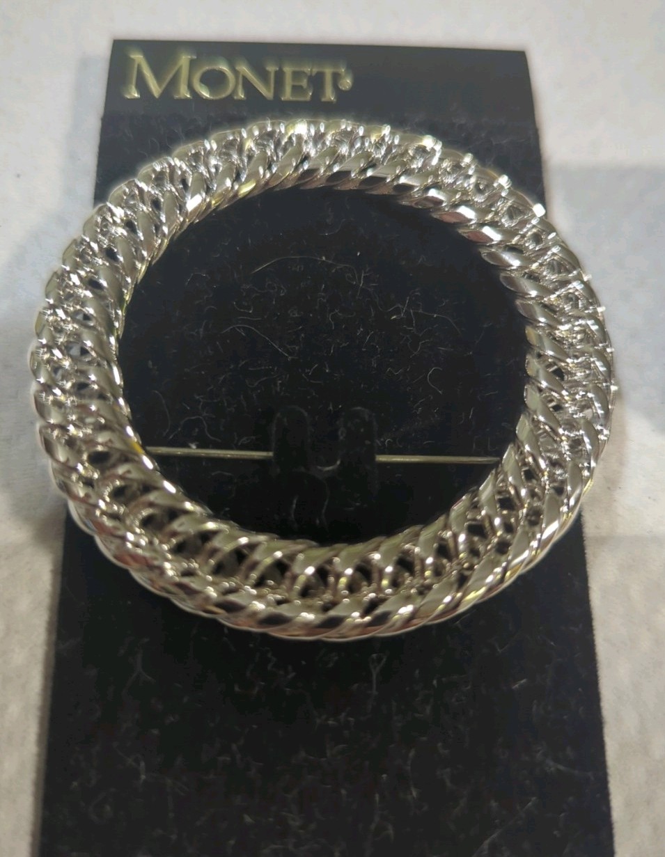 Vintage Monet Silver Tone Circle Chain Brooch Pin And Matching Earrings Inv #7