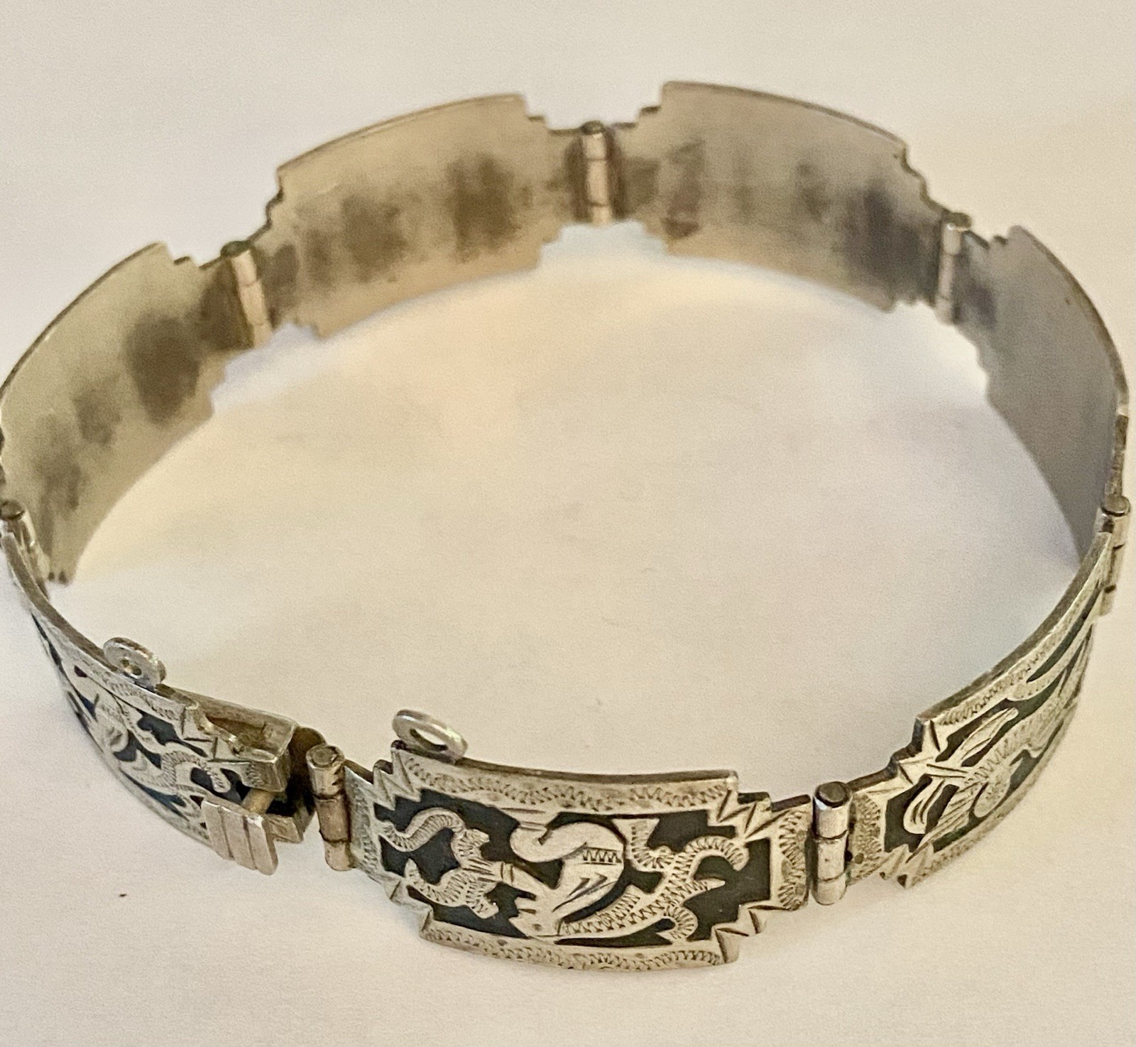 Antique Handmade Silver 925 Guatemala Geometric Link Bangle Bracelet