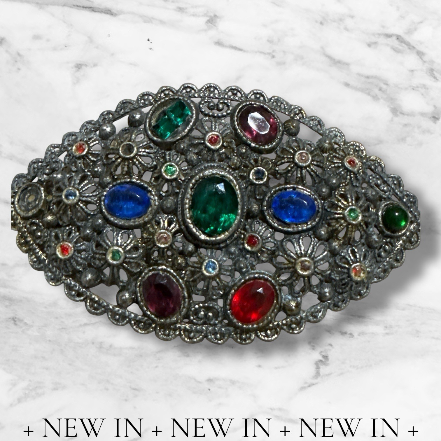 New England Glass Works Brooch Czech Glass Rhinestones Floral Art Nouveau Read