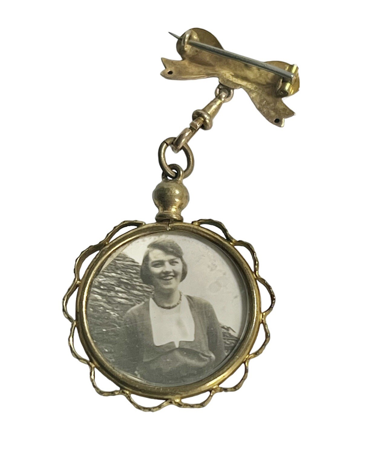 Antique A.J.C 9 Carat Gold Art Nouveau Double Portrait Photos Bow Pendant Brooch