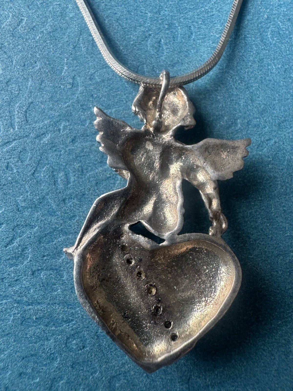 Vintage.925 Sterling Silver Angel on Heart Pendant Necklace Size 16”
