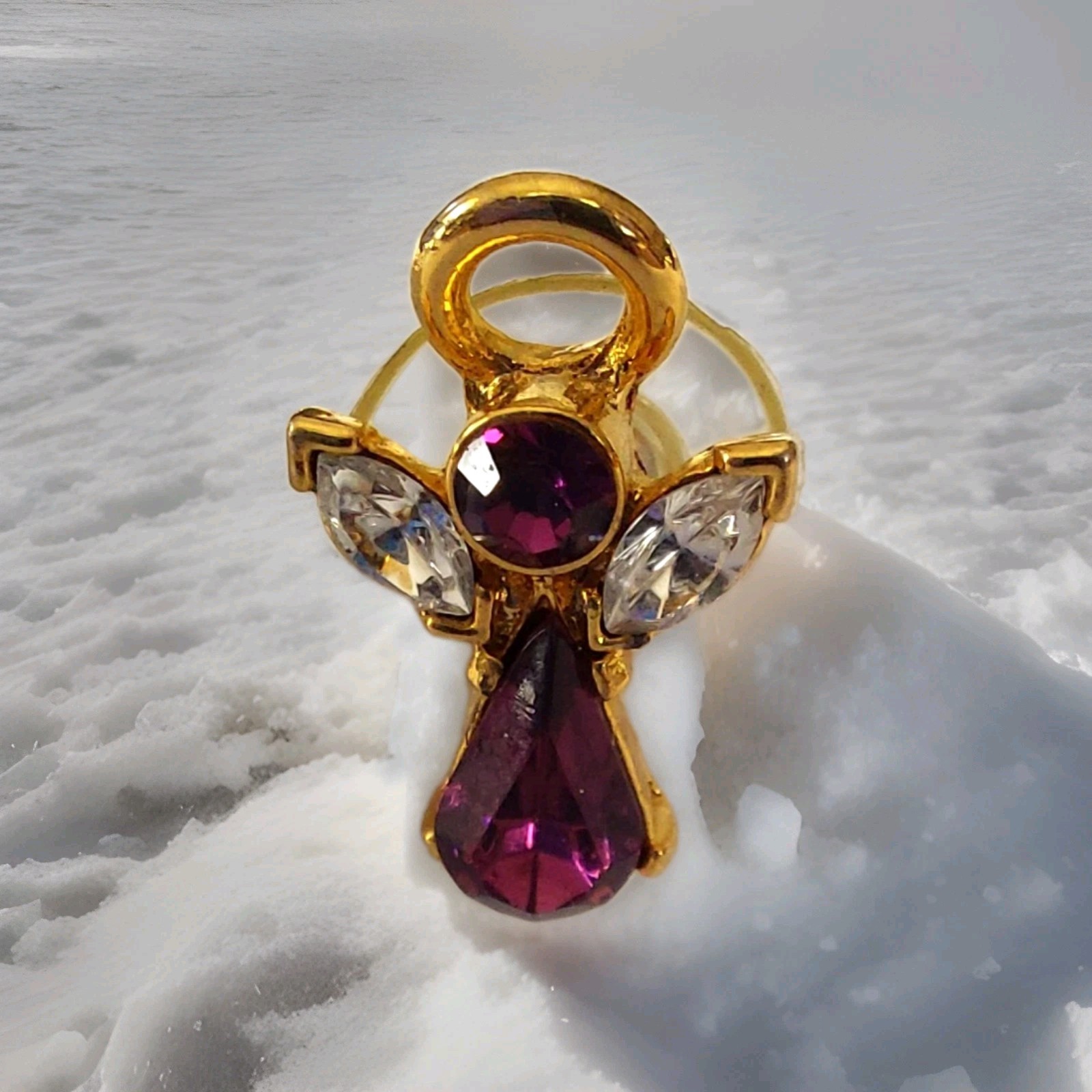 Vintage Crystal Guardian Angel Amethyst Birthstone Pin 1″ Convertible Pendant