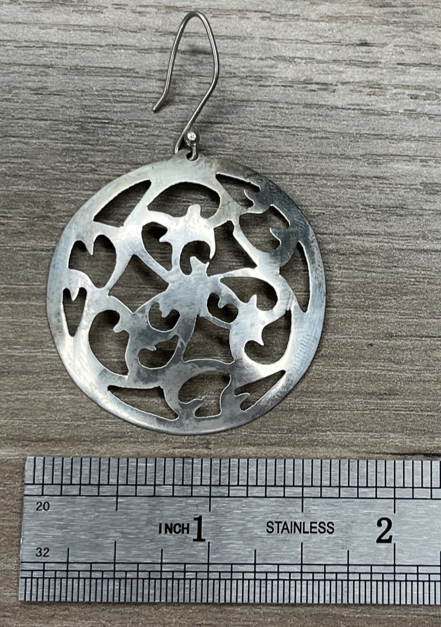 Signed ATI Mexico Sterling 925 Openwork Round Dangle Hook Statement Earrings VTG