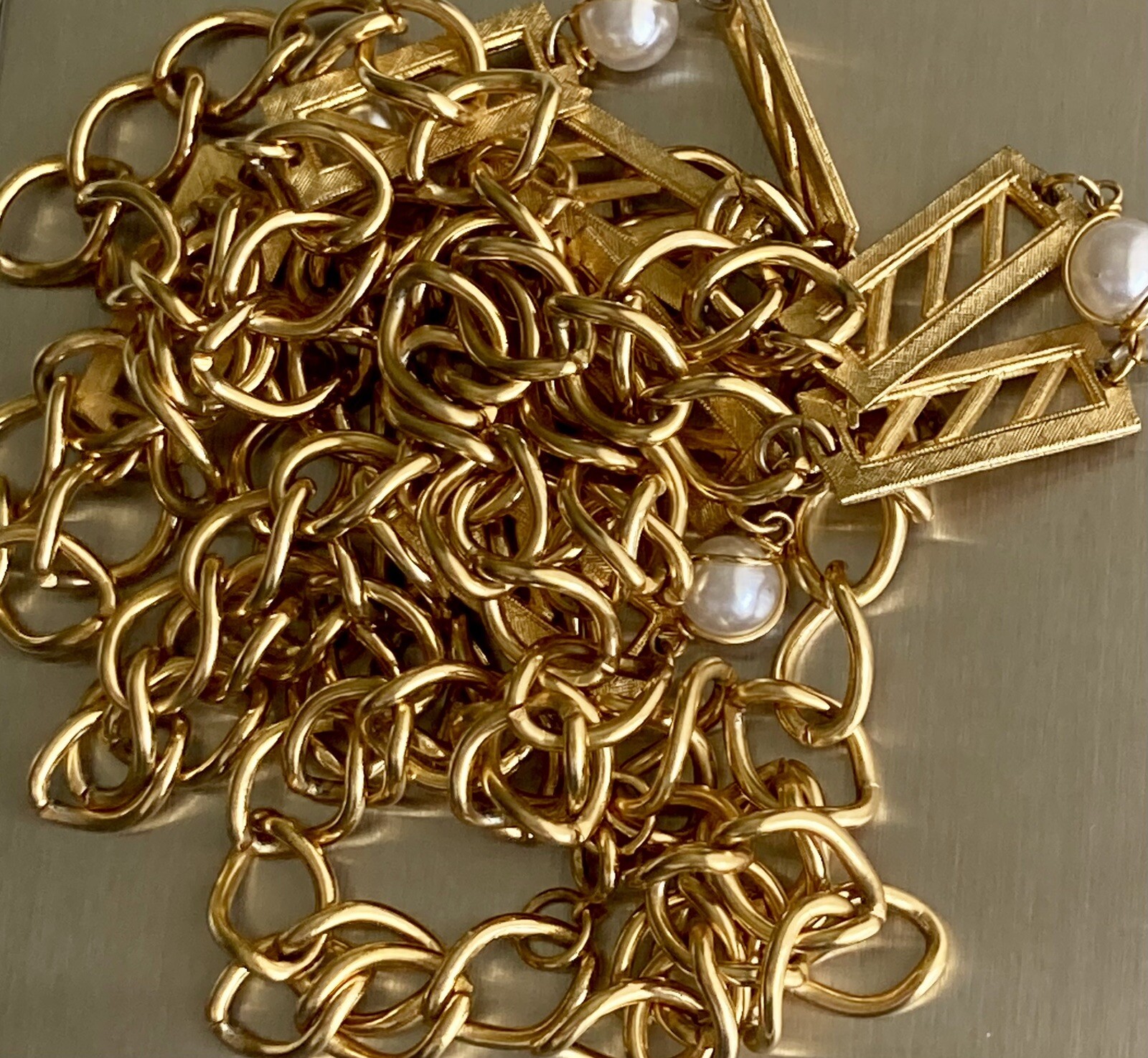 Vintage Gold Tone Bar Faux Pearl Station Oval Link Chain 52 inch Necklace 89.13g