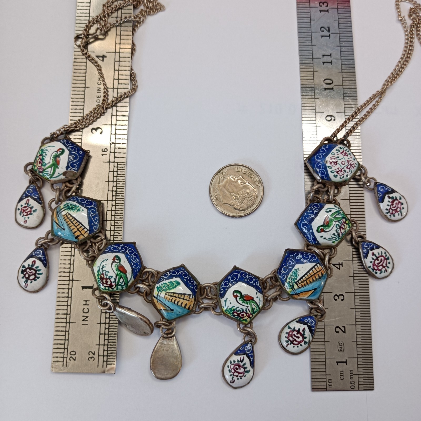 Boho Folk Art Middle Eastern Enamel Chandelier Necklace Blue Birds Landscape VTG