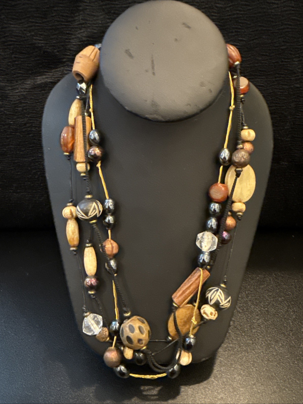 Vintage Multi Strand Carved Wood/ceramic Bead Boho Ornate Necklace Avant Garde