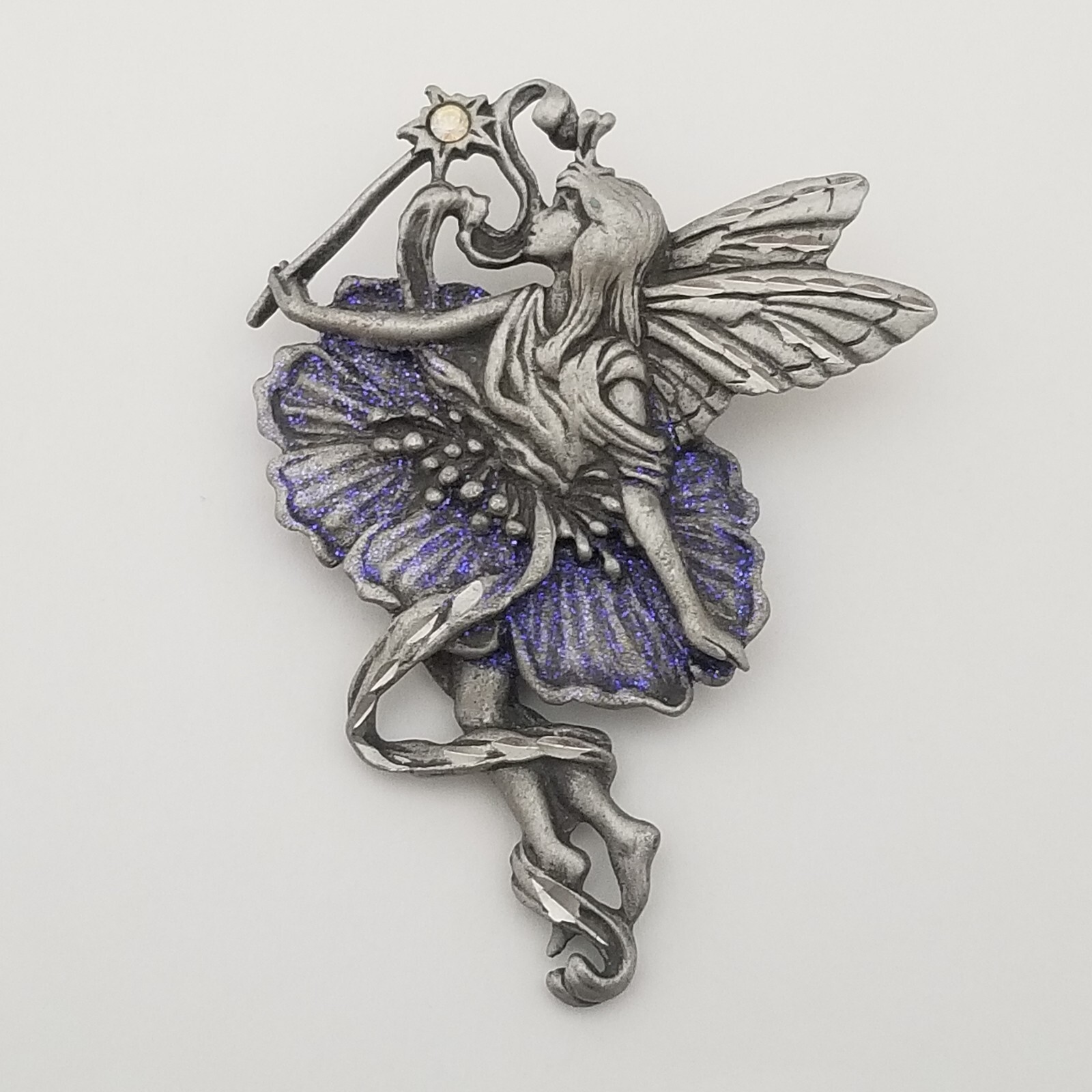 JJ Jonette Jewelry Pewter Fairy Purple Glitter Brooch Pin Fairytale Fantasy