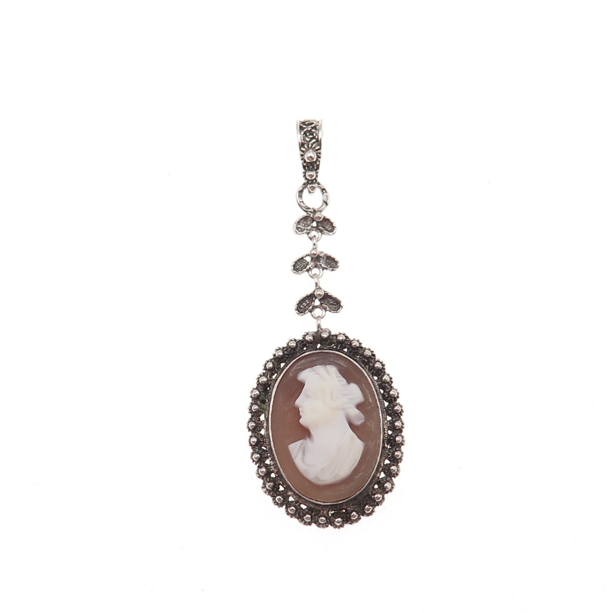 925 Sterling Silver Antique Art Deco Real MOP Lady Cameo Cannetille Pendant