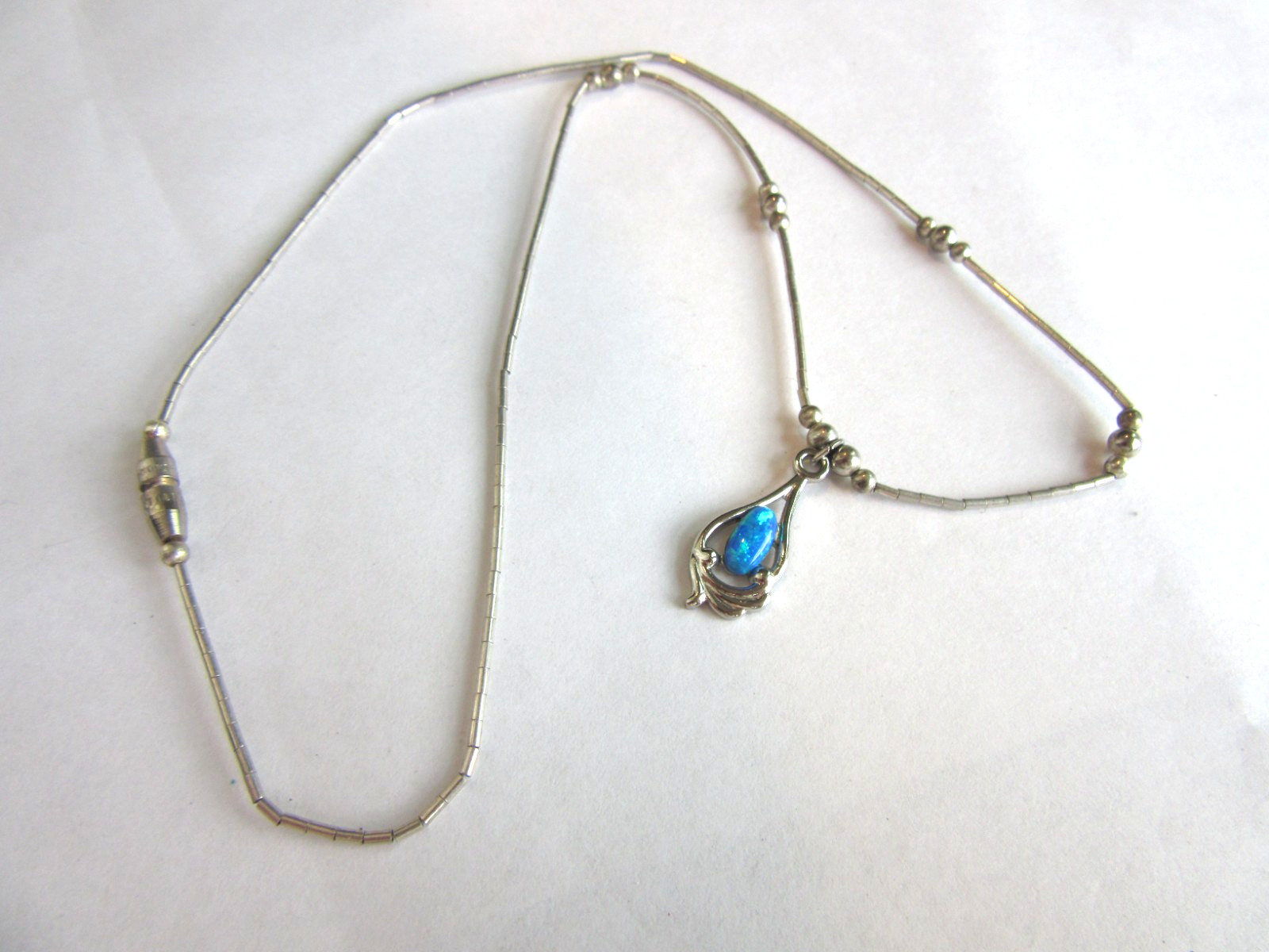 Vintage liquid silver beaded necklace with a blue opal pendant – 16.5″ long