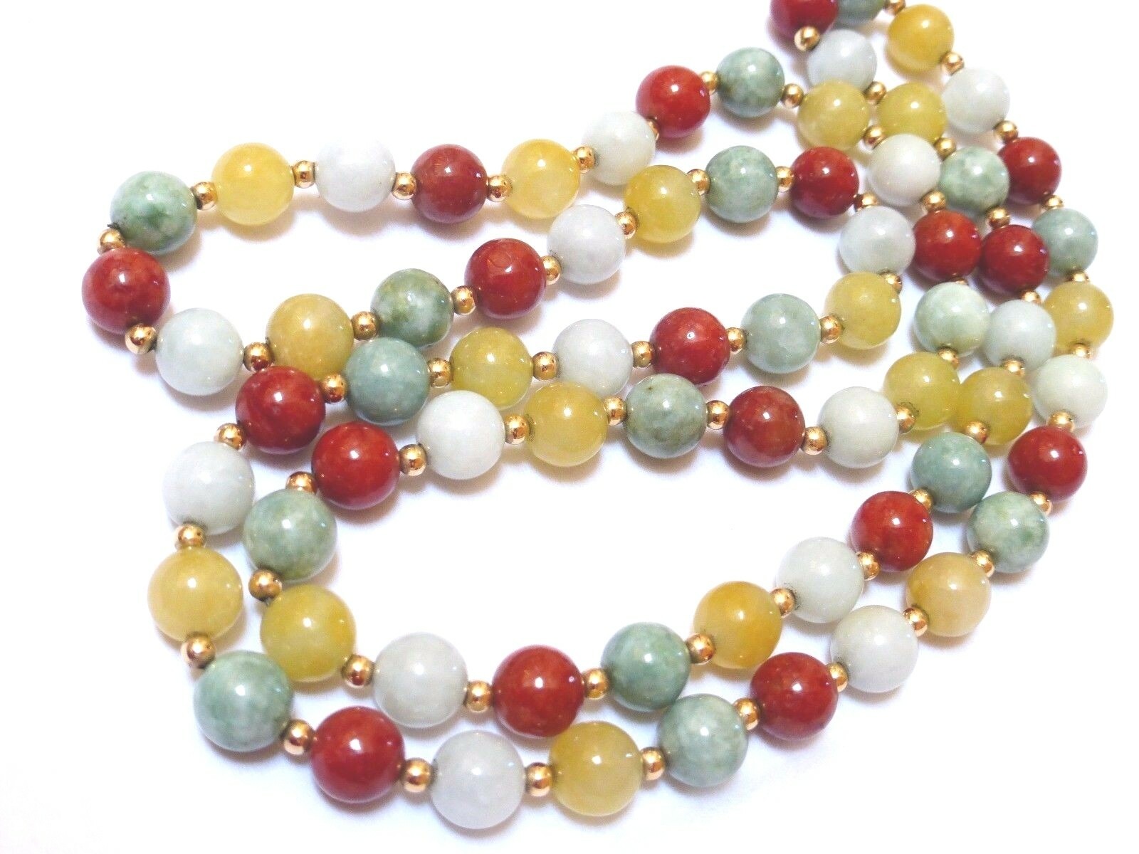 Vintage Chinese 14K Solid GOLD Multi-Color Jade 8mm Beads Necklace 28″, no clasp