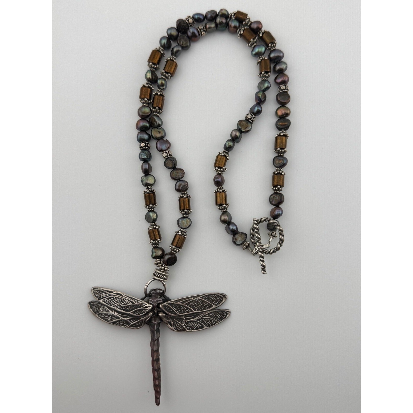 Vintage 1999 Robert Bob Burkett Signed Dragonfly Pendant Beaded Pearl Necklace