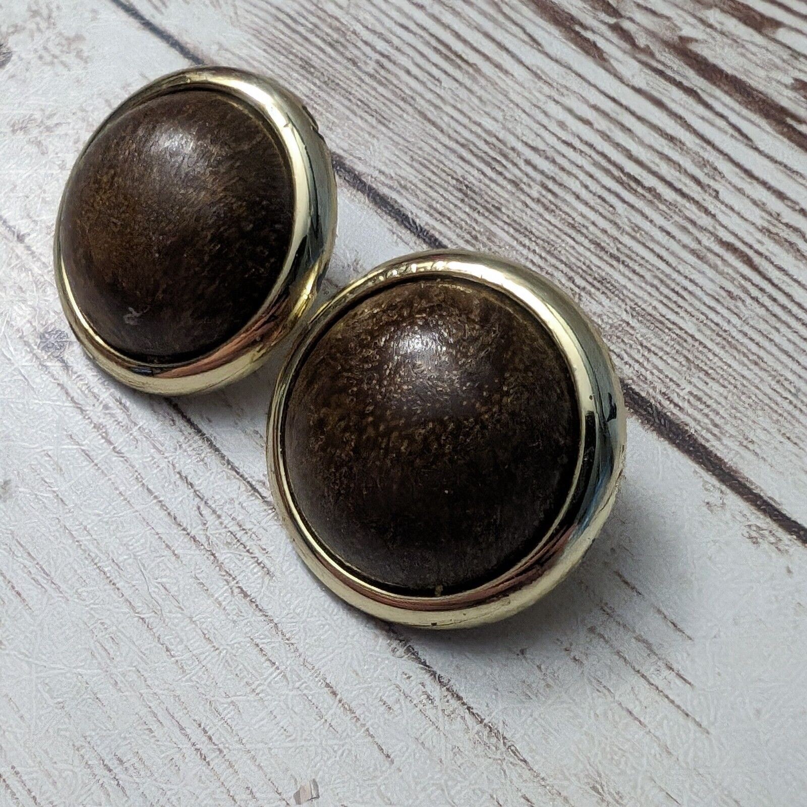 Vintage Clip On Earrings – Domed Patterned Brown with Gold Tone Halo