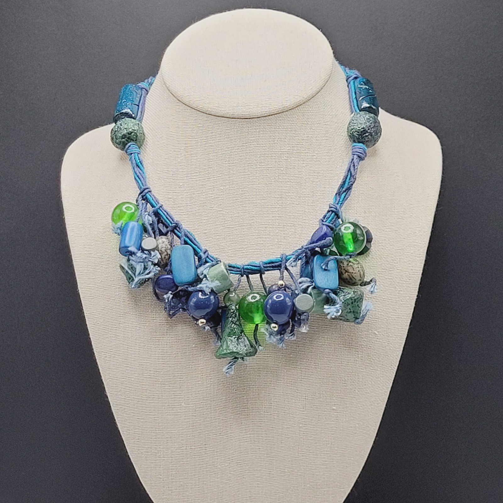 Eclectic Artsy Artisan Braided Cotton Mixed Material Beaded Vintage Necklace