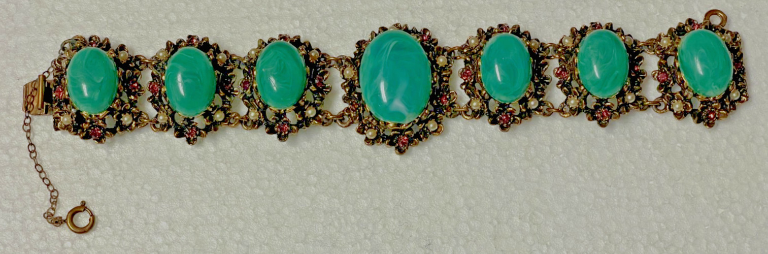 Vintage Selro or Selini Teal Green Faux Pearl Cabochon Chunky Link Bracelet
