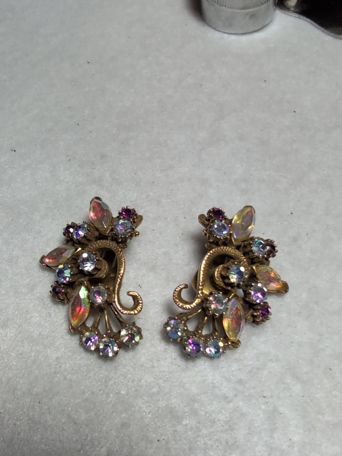 Vintage Florenza Earrings With Marquis AB Stones And Round Blue And Purple…