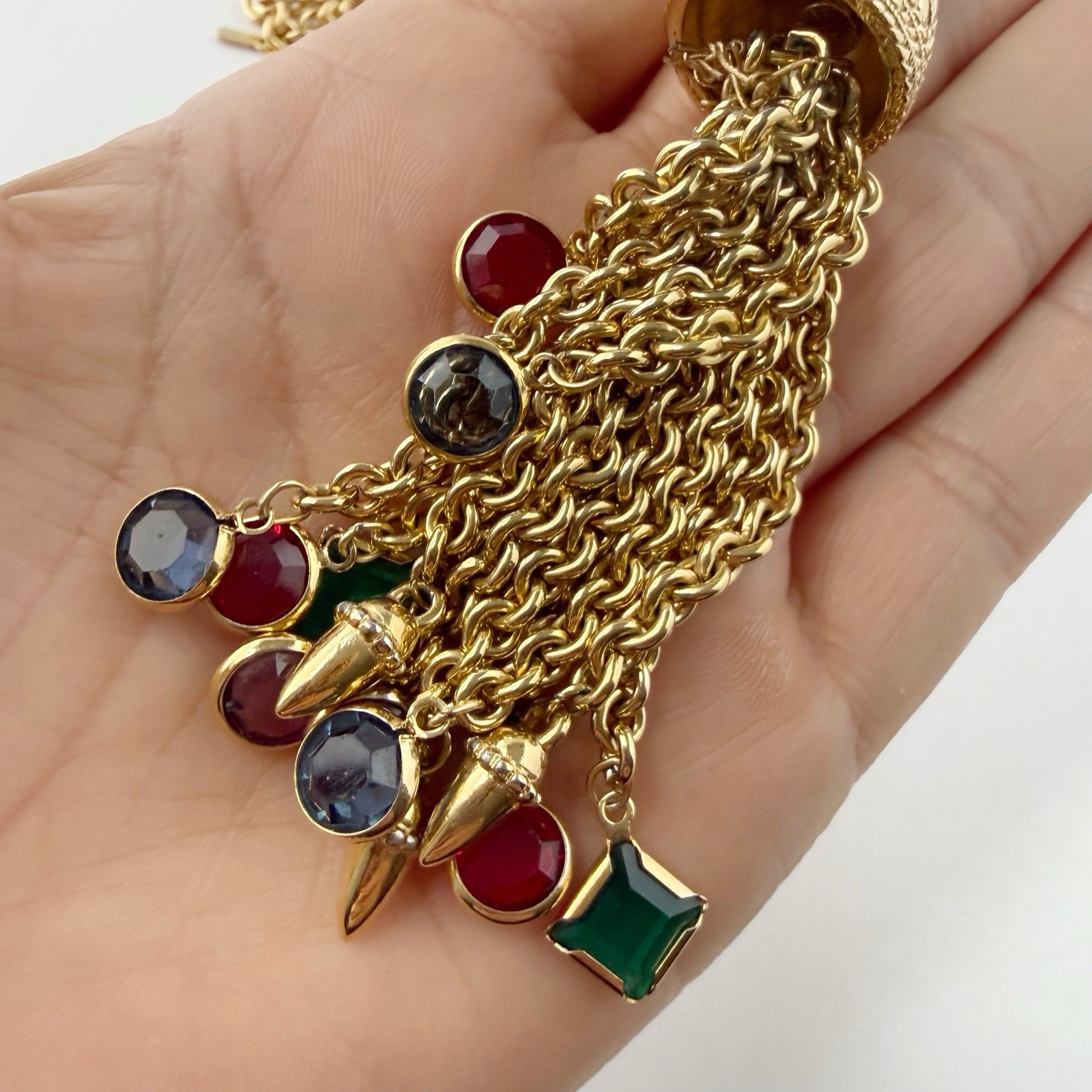 Vintage Swarovski Multicolor Bezel Set Crystal Tassel Chain Necklace FLAWS