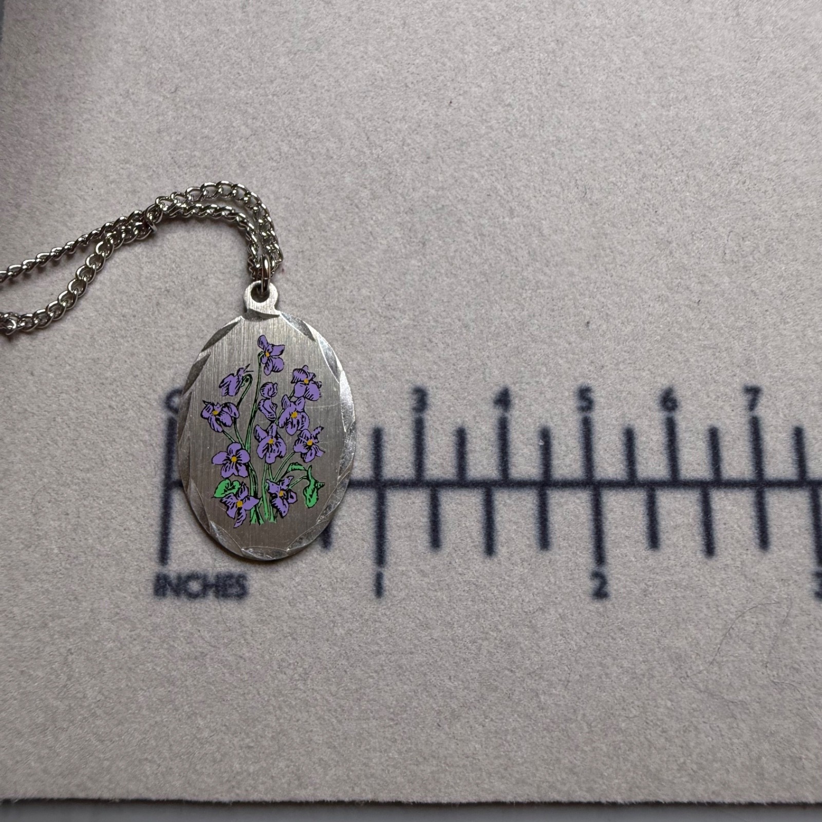 Vintage Genuine Pewter Hand Painted Violets Purple Floral Spray Pendant Necklace