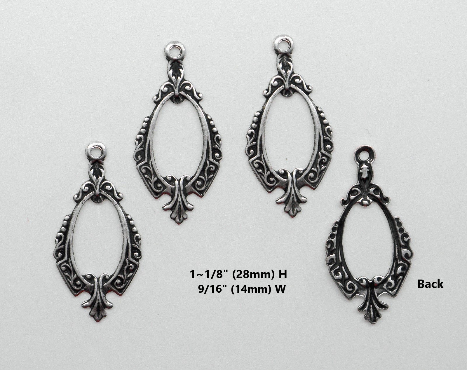 #0526 ANTIQUED .925 STERLING SILVER PLATED OPEN DROP W/TOP HANG RING- 4 Pcs