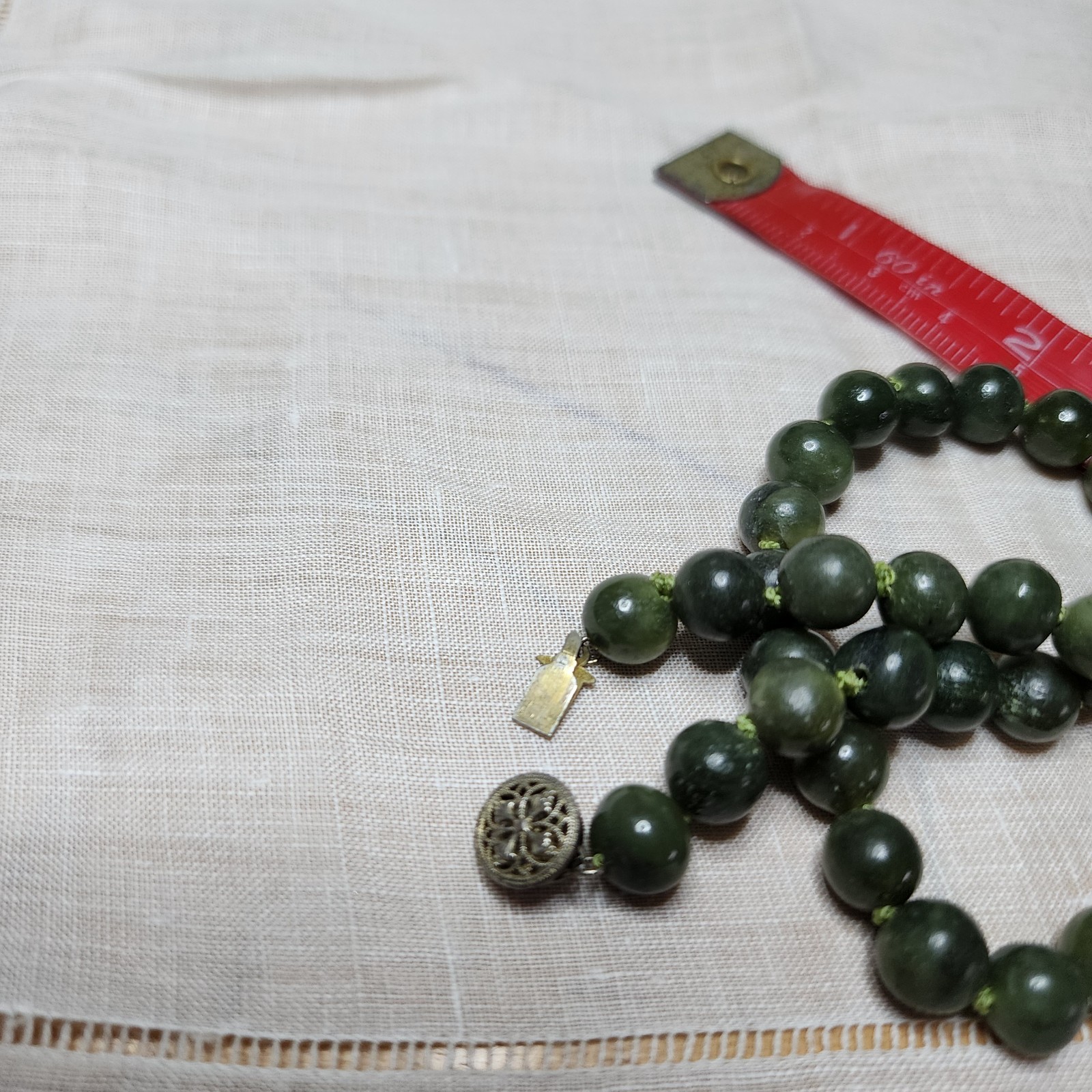 vintage nephrite necklace sterling silver spinach green beaded hand knot