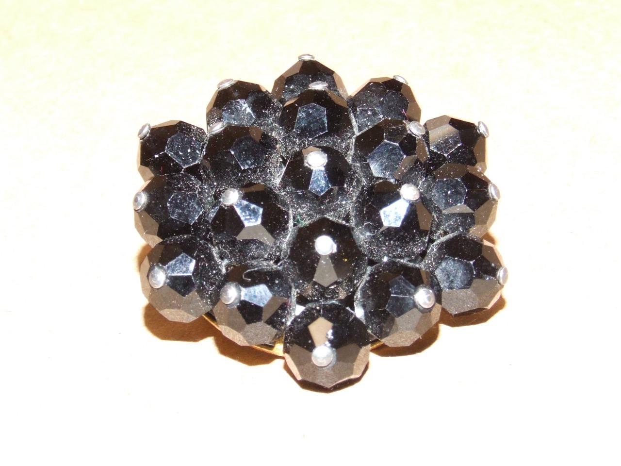 Vintage Black Faceted Glass Flower Pin Brooch 1 1/2 inches Across