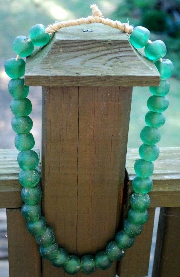 HUGE Recycled SEA GLASS STATEMENT NECKLACE Matte Green 23mm AFRICAN TRADE BEADS