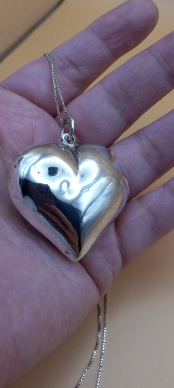 Vintage Sterling Silver 20in Box Necklace W/big Puff Heart W/big Cubic Zirconia