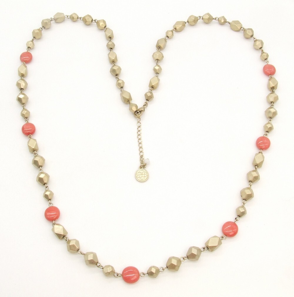 34″ Liz Claiborne Faceted Satin Gold-T/Salmon Glass Lozenge Bead Chain Necklace
