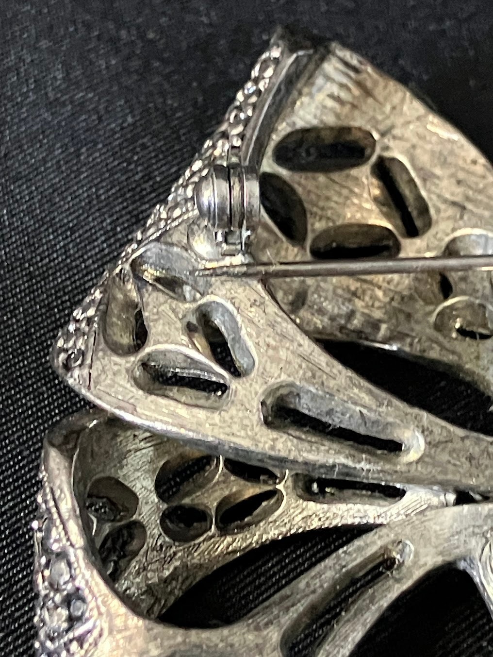Vintage Metal Bow Brooch Faux Marcasite Style Knotted Ribbon Pin 3″