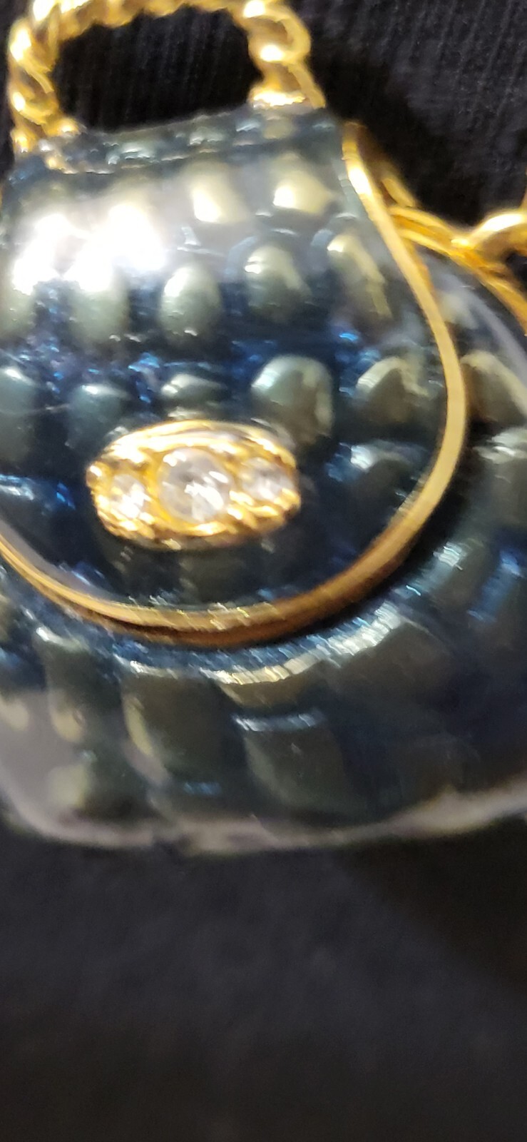 Vintage Enamel Purse Necklace stamped 1990 Goldtone & Blue