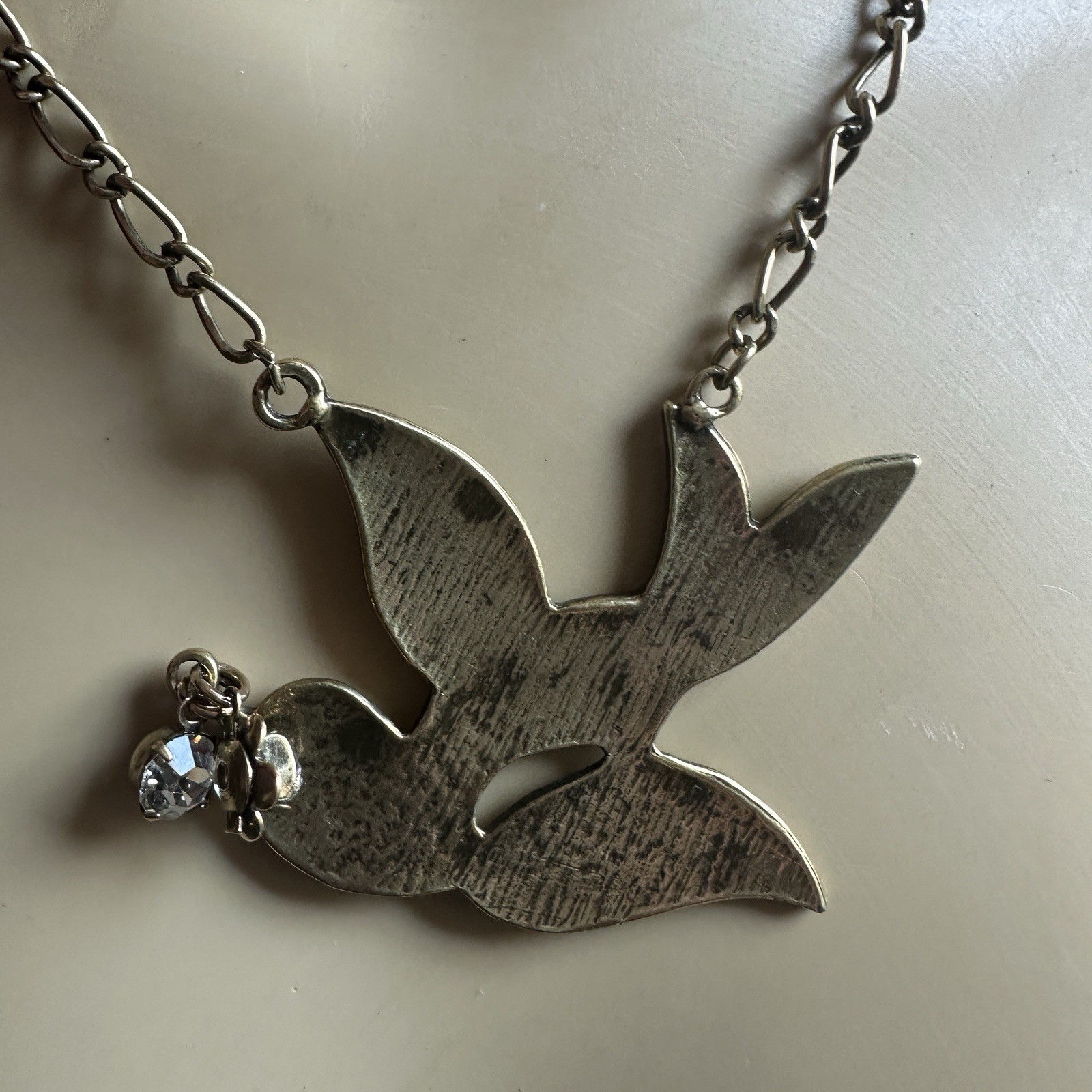 Vintage Dove Swallow Bird Pendant Necklace 26 Inch Rhinestone Gold Animal