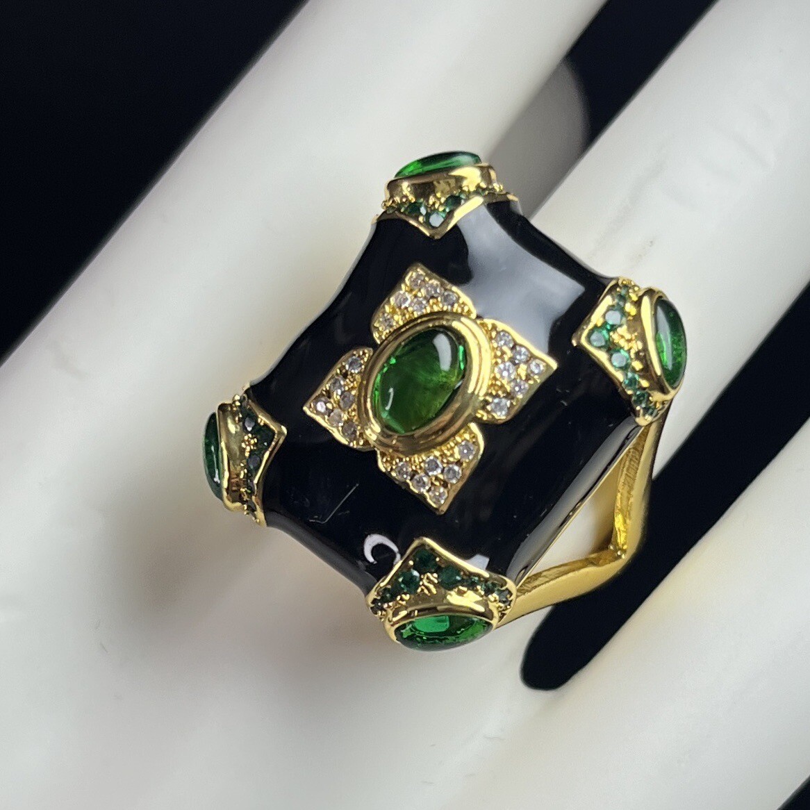 Gripoix Glass Cocktail Ring Gold Tone Black Enamel Green Cabochon Adjustable 6-9