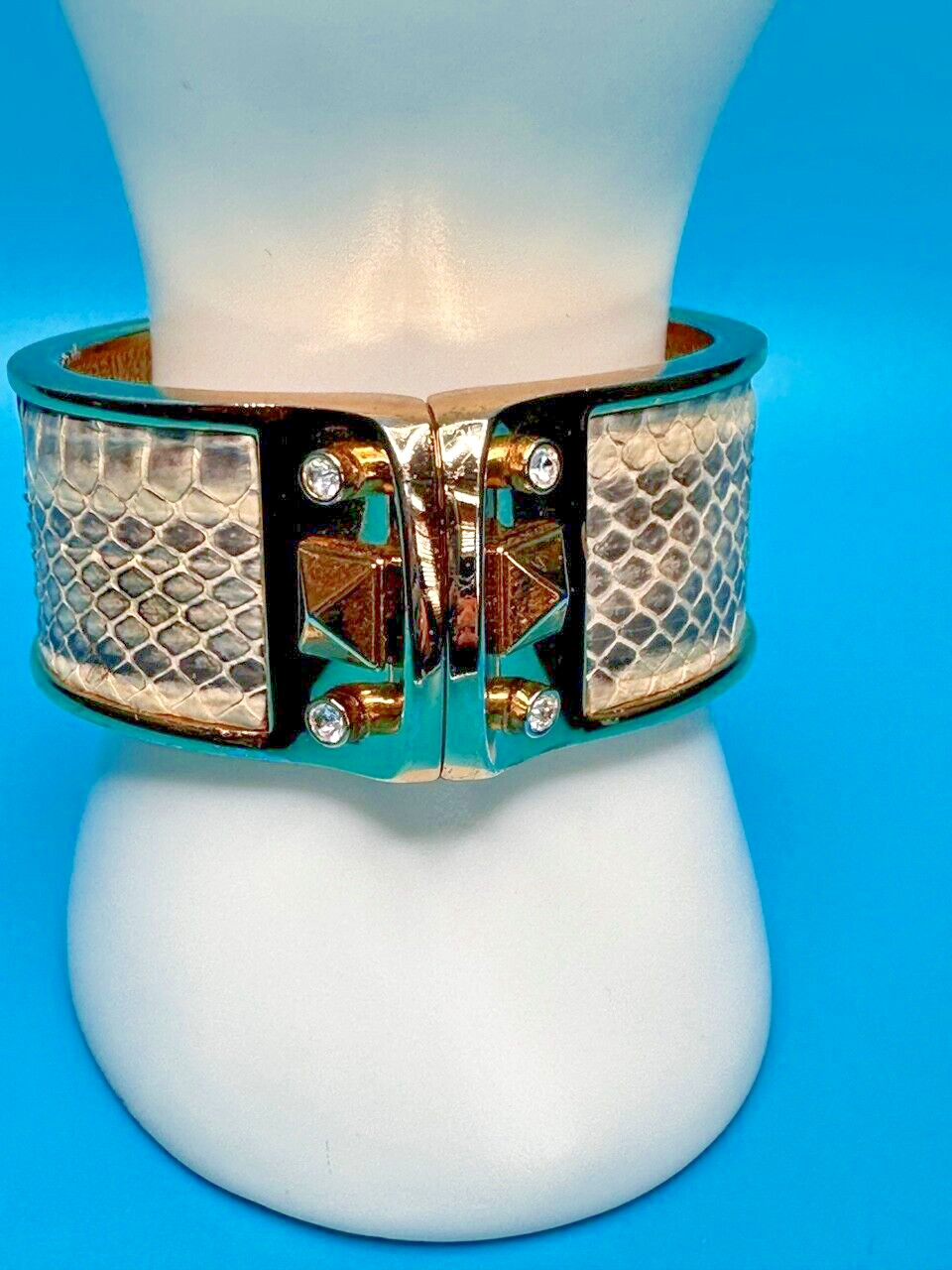 Vintage Stella & Dot Bracelet Clamper Gold Tone Faux Snakeskin Crystal Accents